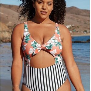 NWT CUPSHE Women's Cut Out Knot One Piece Bathing Suit Floral Stripe 0X/14